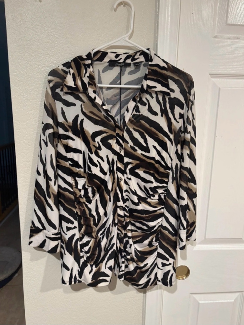 Essentials by Milano Zebra-Print Button Down Blouse in Black, White & Brown